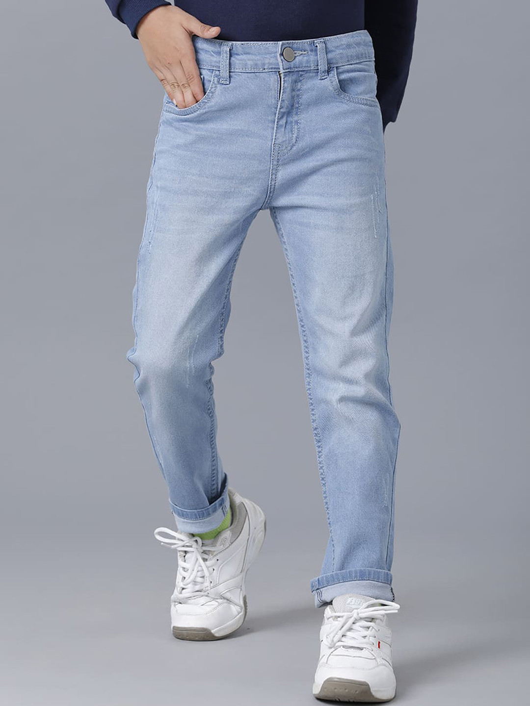 

UNDER FOURTEEN ONLY Boys Blue Slim Fit Low Distress Light Fade Cotton Jeans