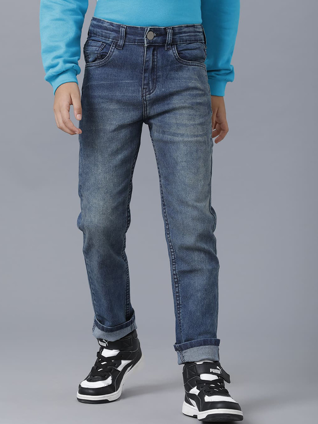 

UNDER FOURTEEN ONLY Boys Navy Blue Slim Fit Slash Knee Heavy Fade Cotton Jeans