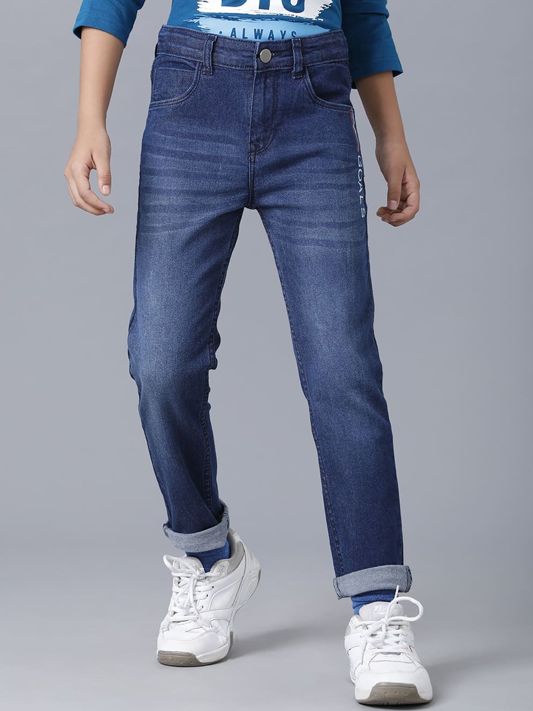

UNDER FOURTEEN ONLY Boys Navy Blue Slim Fit Low Distress Light Fade Cotton Jeans