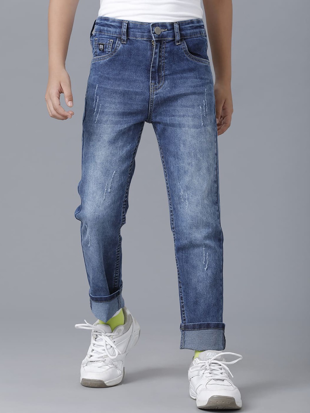 

UNDER FOURTEEN ONLY Boys Navy Blue Slim Fit Low Distress Heavy Fade Cotton Jeans