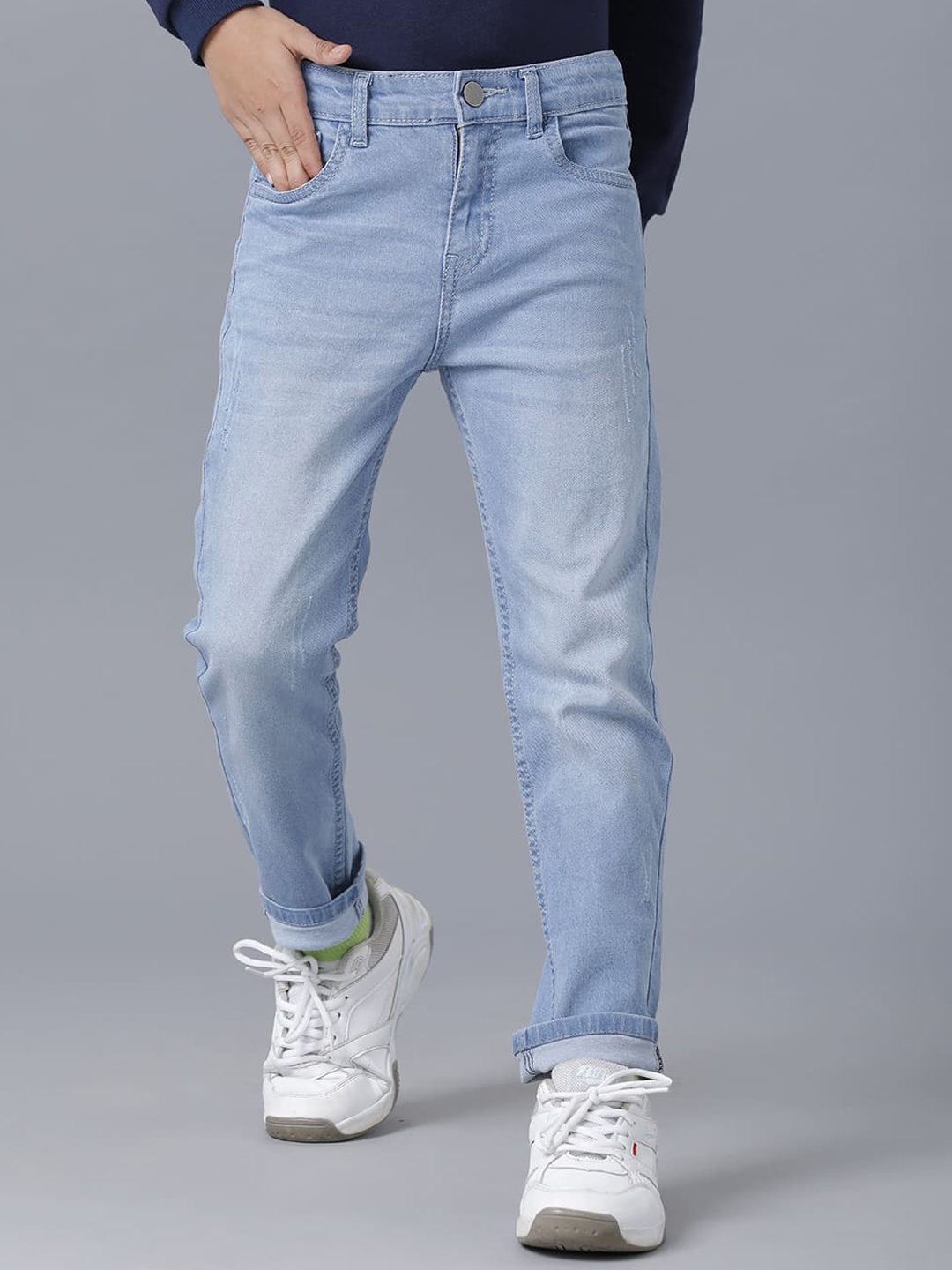 

UNDER FOURTEEN ONLY Boys Blue Slim Fit Low Distress Light Fade Cotton Jeans