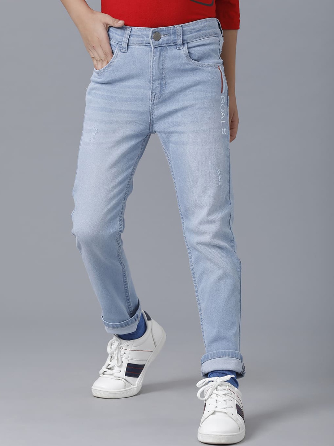 

UNDER FOURTEEN ONLY Boys Blue Slim Fit Mildly Distressed Light Fade Cotton Jeans