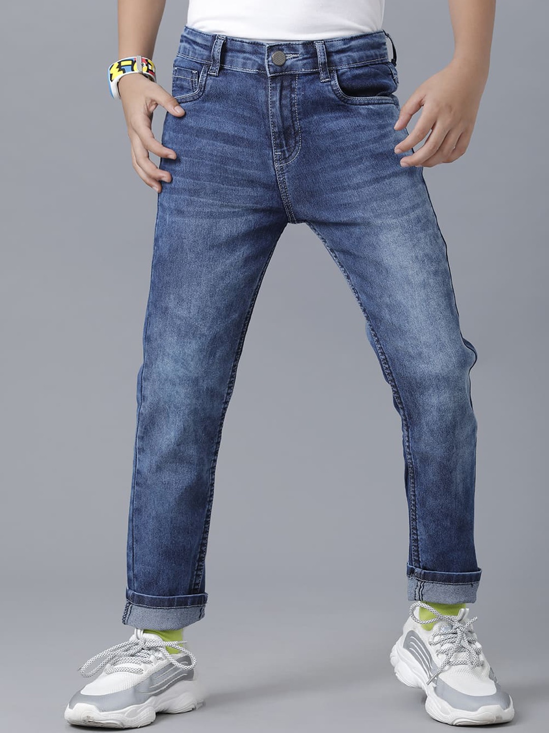 

UNDER FOURTEEN ONLY Boys Blue Slim Fit Low Distress Heavy Fade Cotton Jeans
