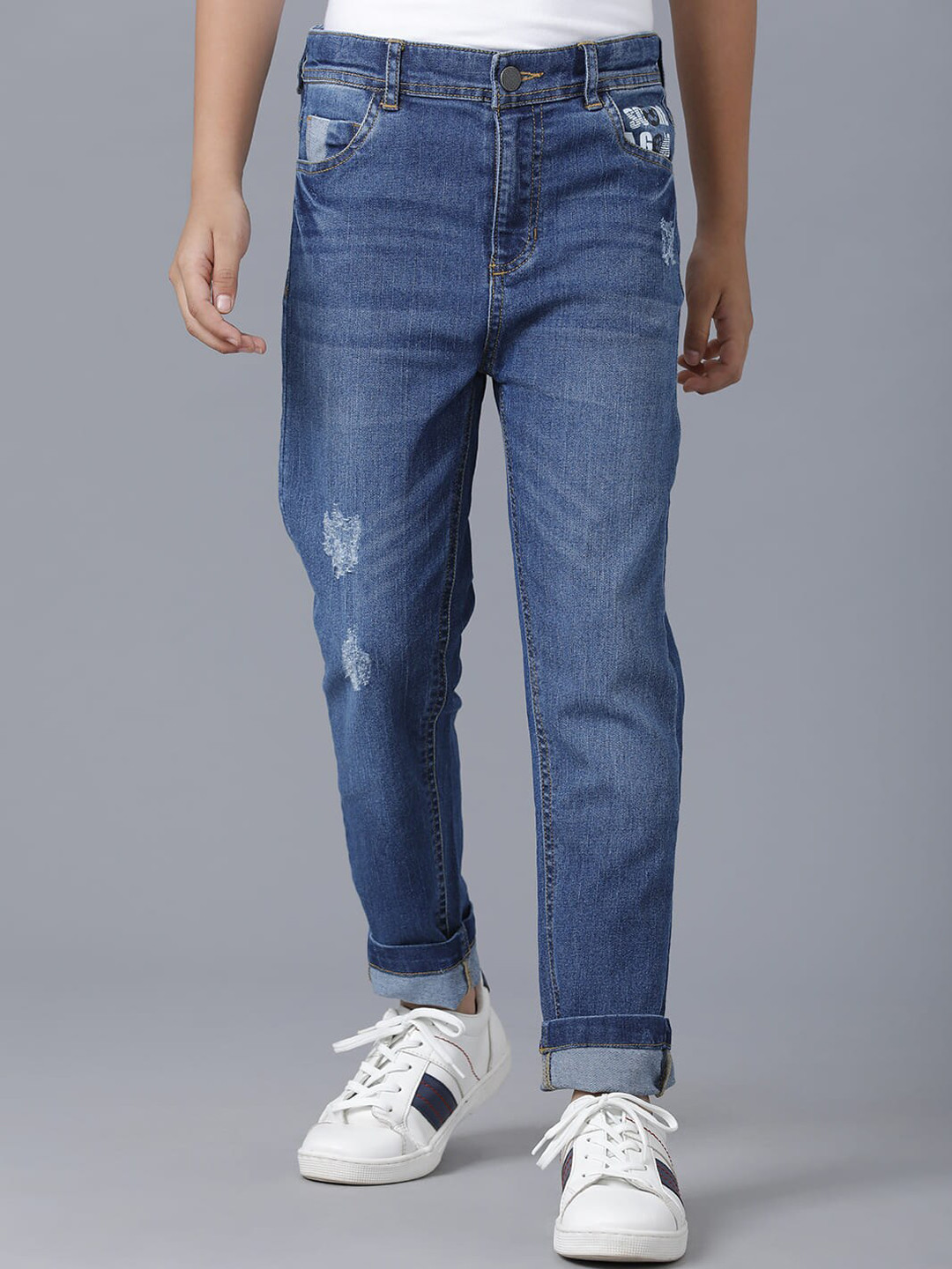 

UNDER FOURTEEN ONLY Boys Navy Blue Slim Fit Low Distress Light Fade Cotton Jeans