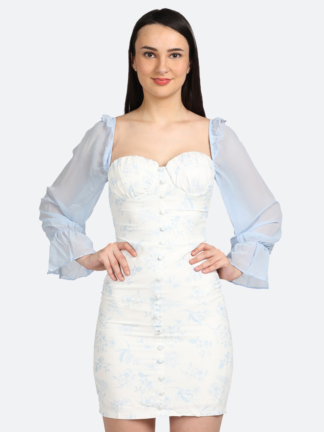 

BOLDMISS Women White & Blue Floral Polyester Bodycon Dress
