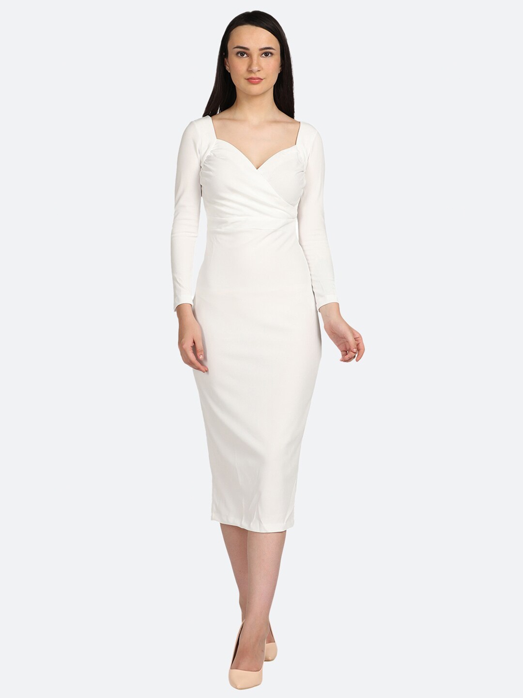 

BOLDMISS Women White Solid Polyester Bodycon Midi Dress