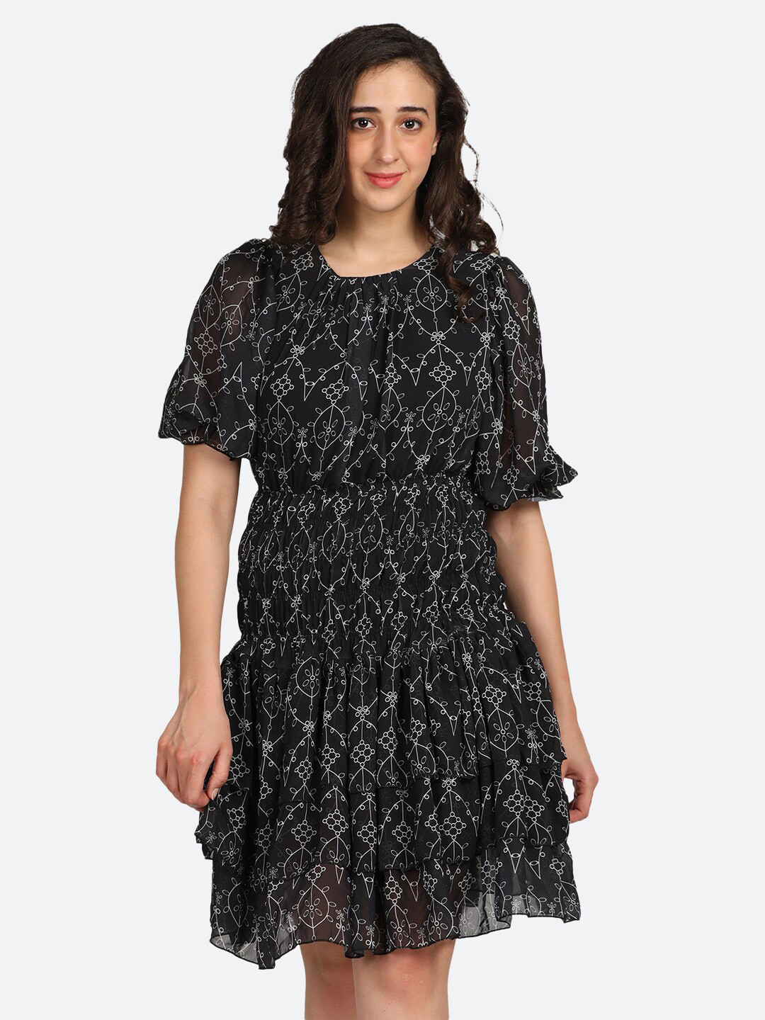 

BOLDMISS Women Black & White Printed Chiffon Dress