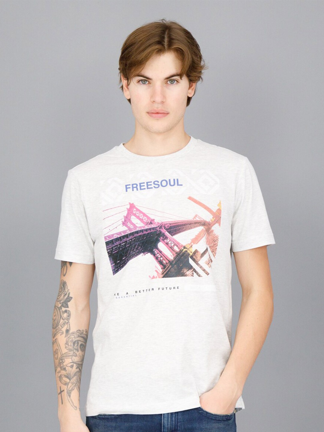 

FREESOUL Men Off White Printed T-shirt