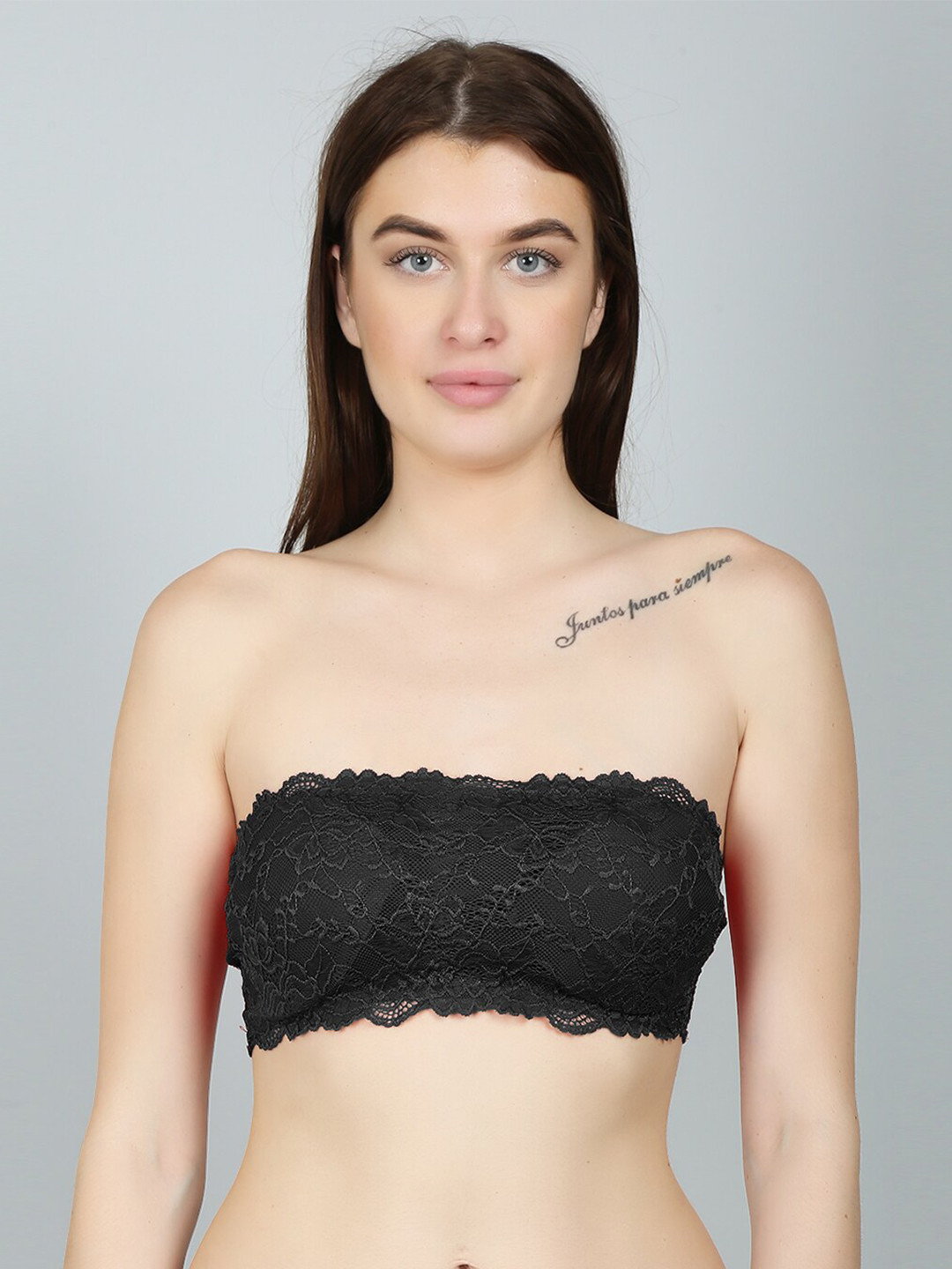 

N-Gal Women Black Floral Bandeau Bra Lightly Padded