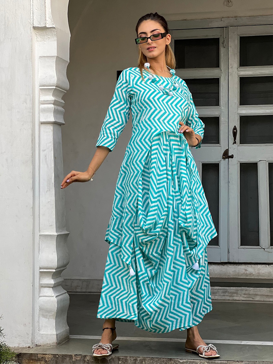 

FASHION DWAR Women Blue Printed Cotton A-Line Maxi Dress