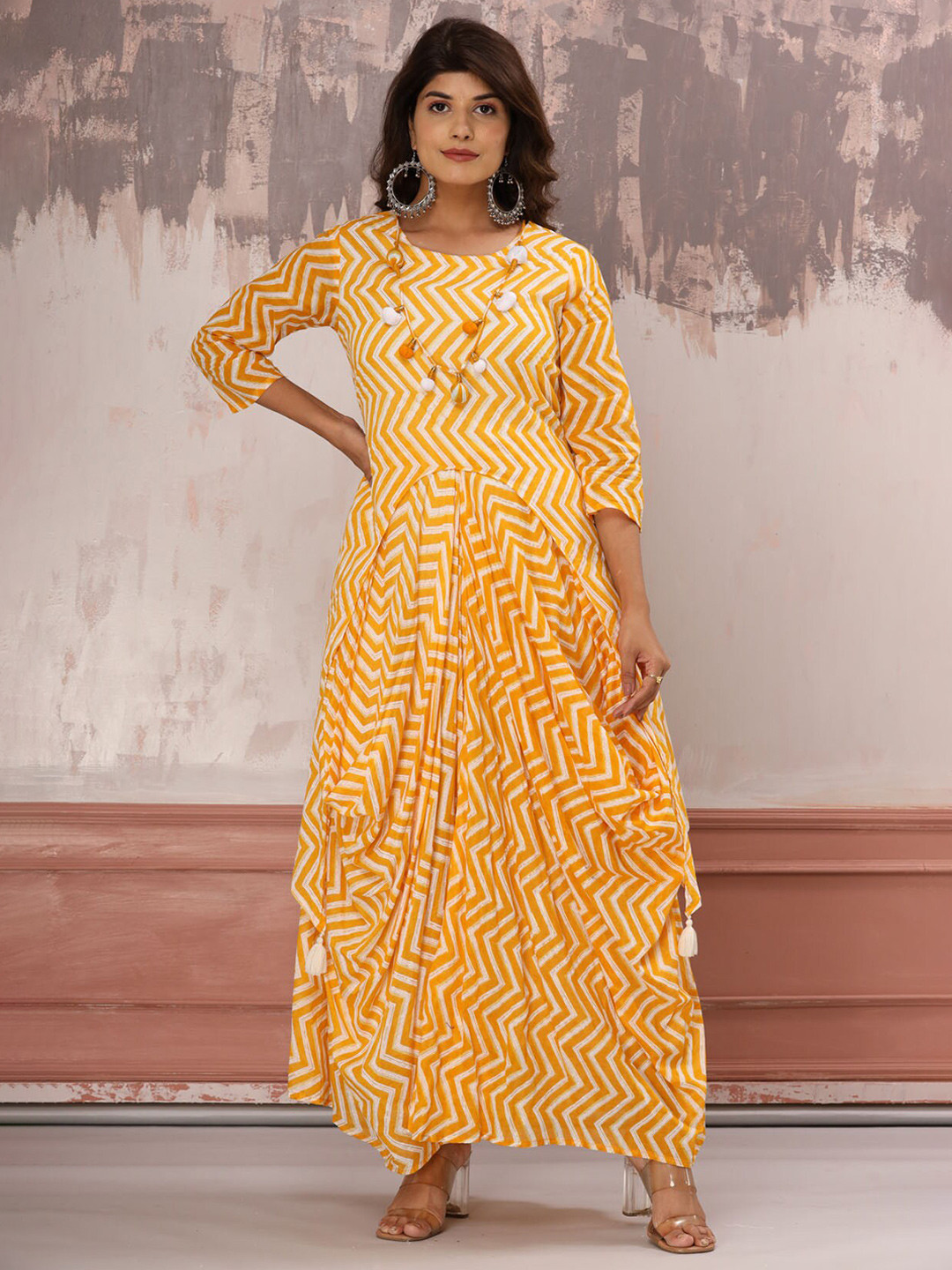 

FASHION DWAR Women Yellow & White Printed Cotton A-Line Maxi Dress