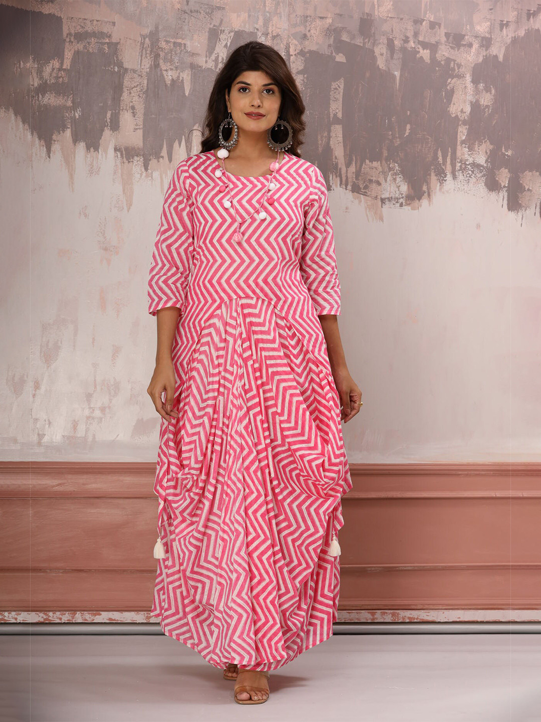 

FASHION DWAR Women Pink & White Printed Cotton A-Line Maxi Dress