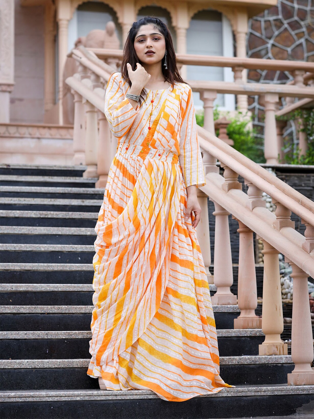 

FASHION DWAR Women Yellow & White Striped Wrap Maxi Ethnic Dress