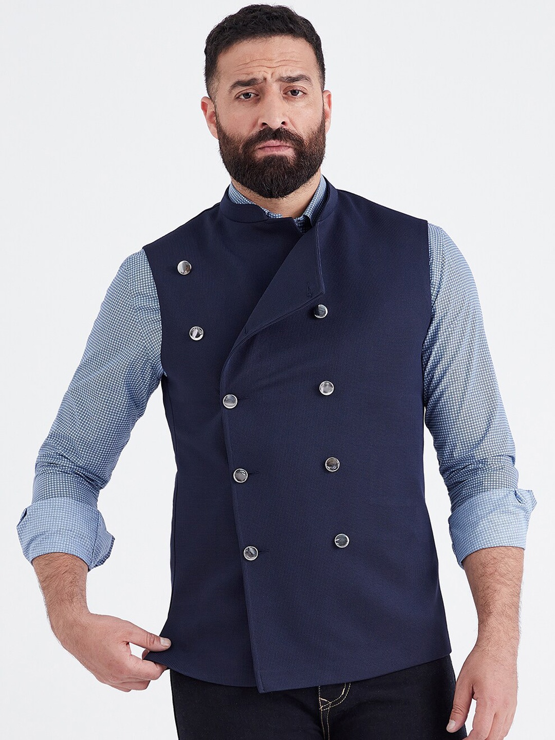 

MR BUTTON Men Navy Blue Solid Woven Nehru Jackets