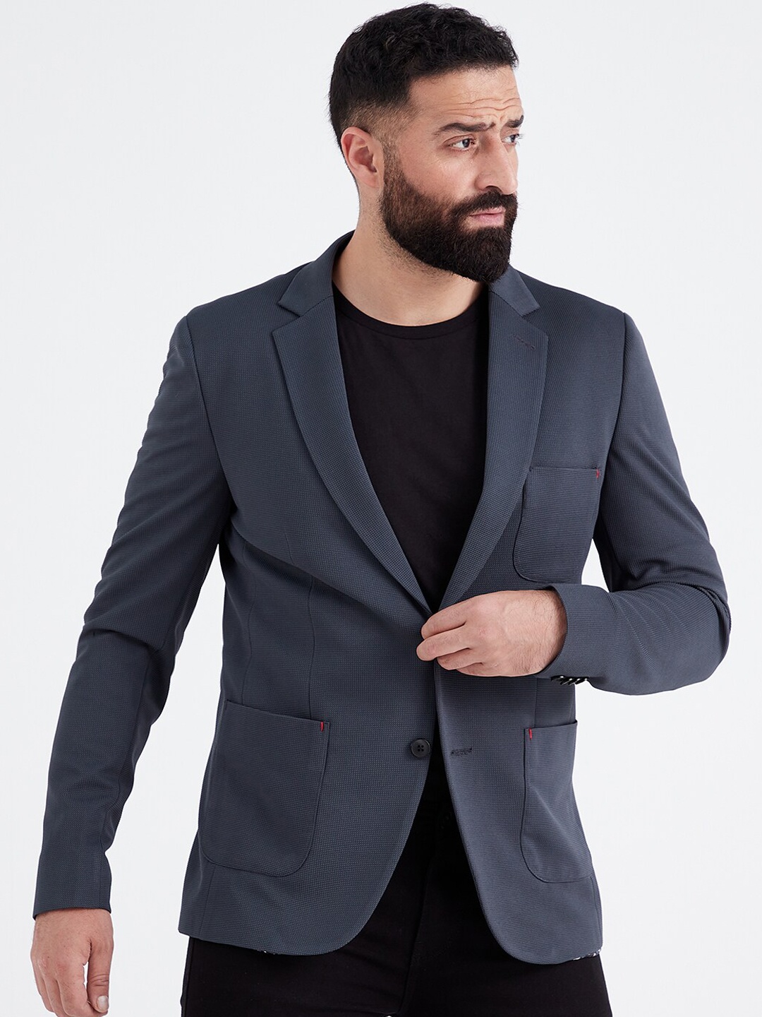 

MR BUTTON Men Grey Single-Breasted Slim-Fit Casual Blazer