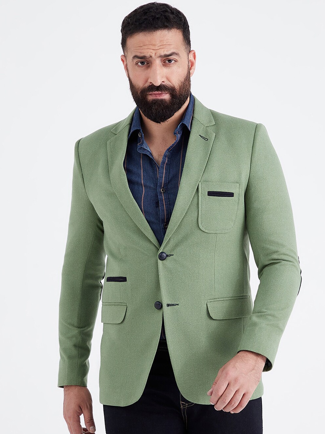 

MR BUTTON Men Green Solid Slim-Fit Single Breasted Blazers