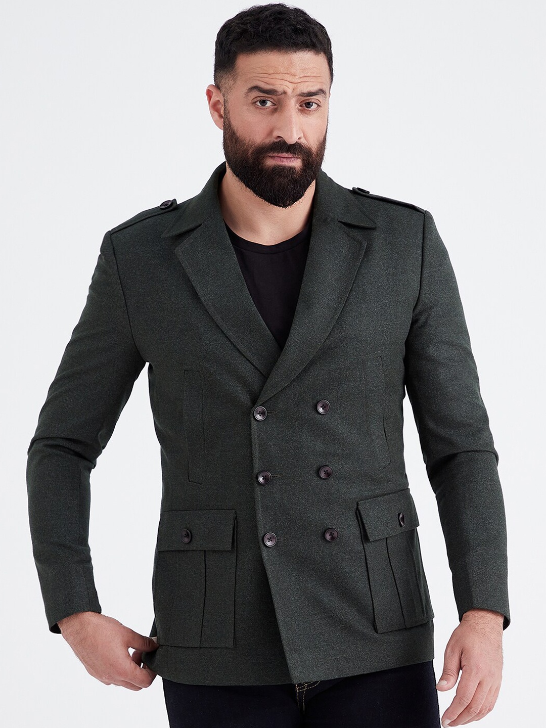 

MR BUTTON Men Green Solid Woolen Slim-Fit Single Breasted Blazer