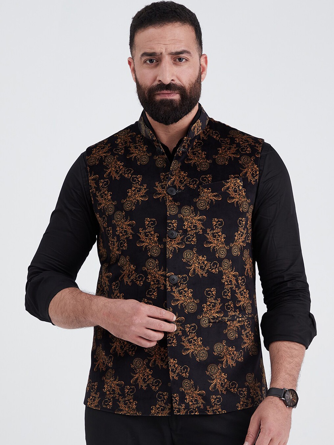 

MR BUTTON Men Black Printed Velvet Nehru Jackets
