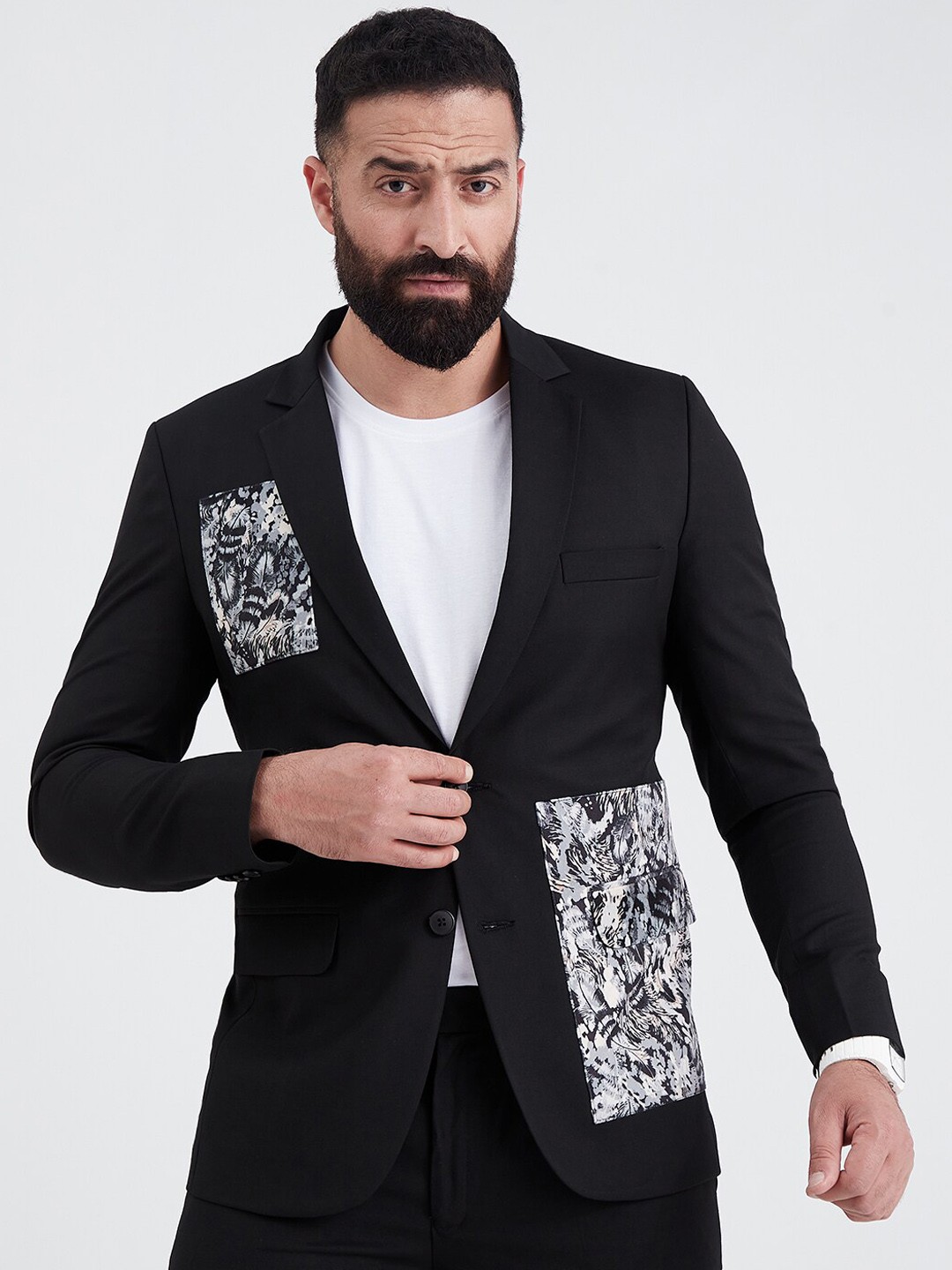 

MR BUTTON Men Black Solid Patch Blazers