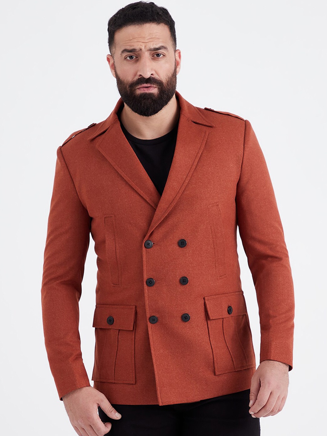 

MR BUTTON Men Rust Orange Solid Slim-Fit Double Breasted Blazers