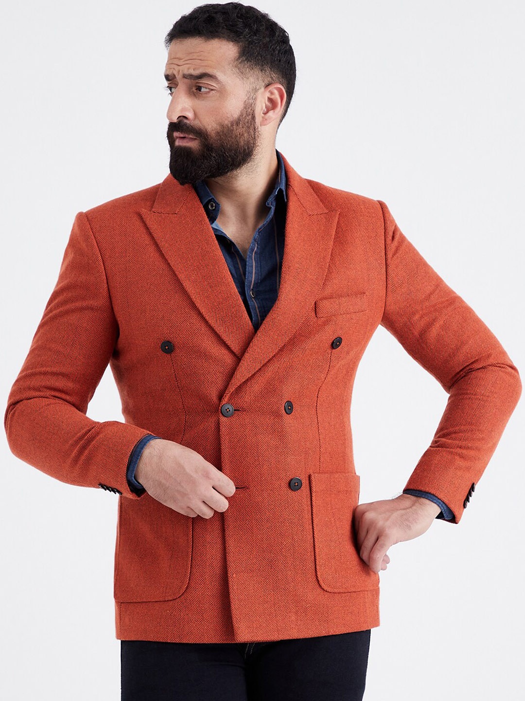 

MR BUTTON Men Orange Solid Slim-Fit Double Breasted Woolen Blazer
