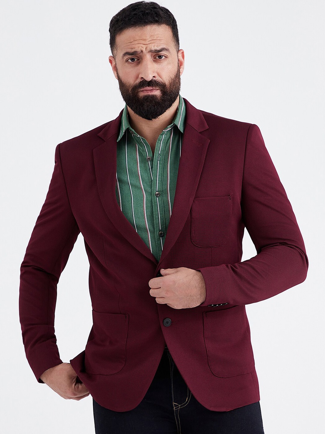 

MR BUTTON Men Burgundy Solid Single-Breasted Slim-Fit Casual Blazer