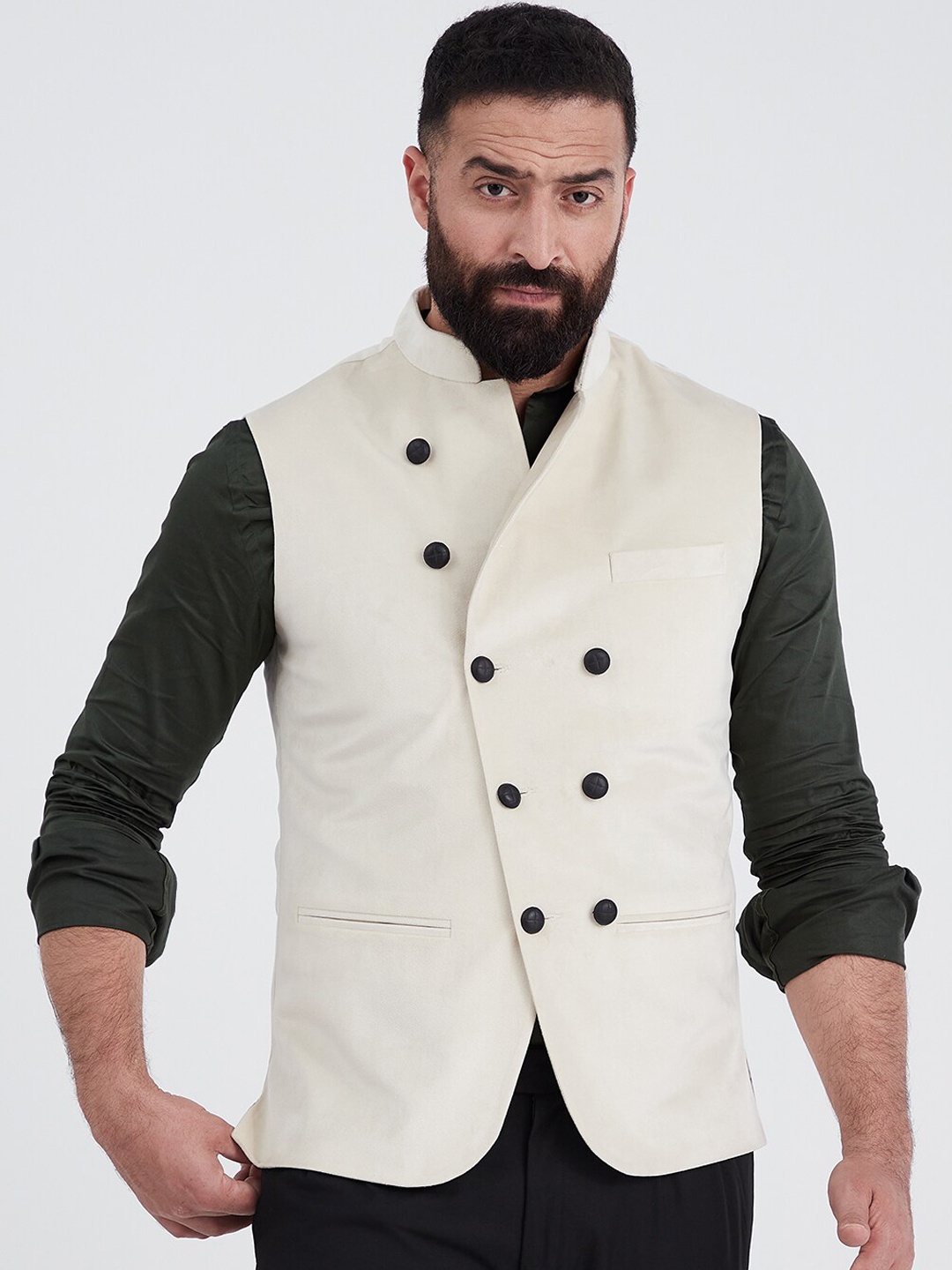 

MR BUTTON Men Cream Solid Woven Nehru Jackets