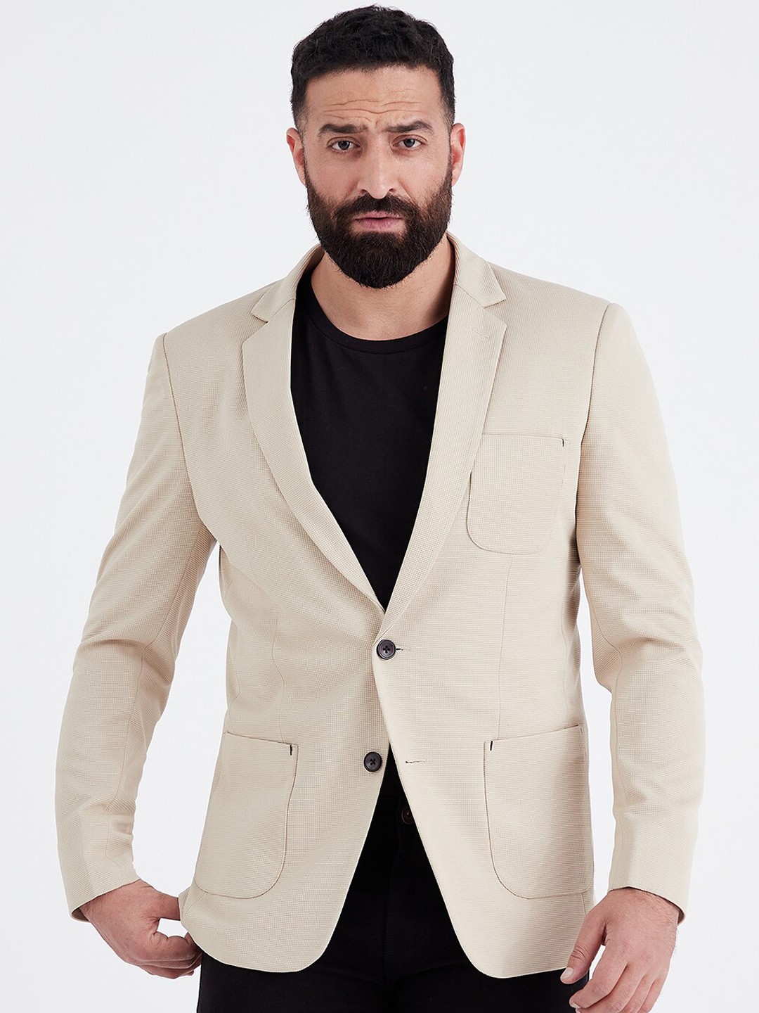 

MR BUTTON Men Beige Solid Single-Breasted Slim-Fit Casual Blazer