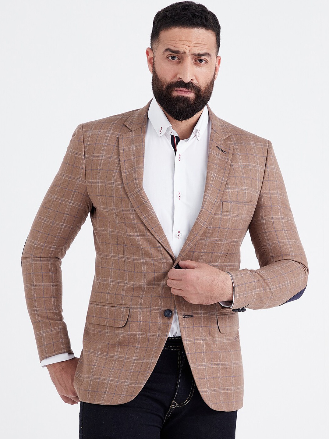 

MR BUTTON Men Beige Checked Single-Breasted Slim-Fit Causal Blazers