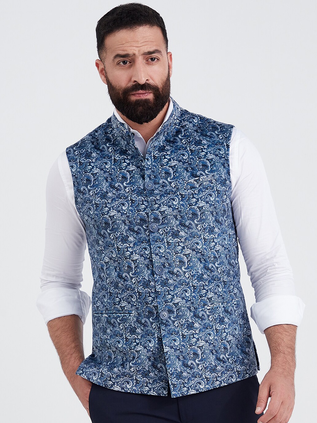 

MR BUTTON Men Blue Printed Woven Nehru Jackets