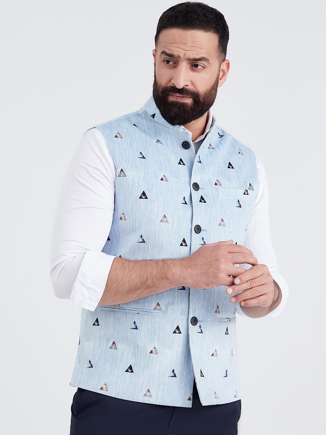 

MR BUTTON Men Blue Printed Woven Nehru Jacket