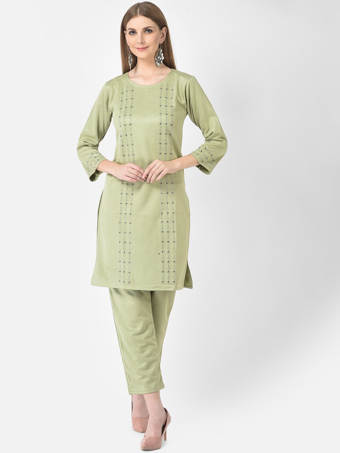 

FNOCKS Women Green Sequinned Velvet Kurta with Trousers