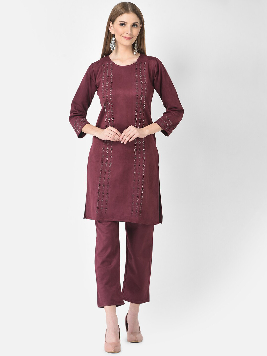 

FNOCKS Women Maroon Sequinned Velvet Kurta with Trousers