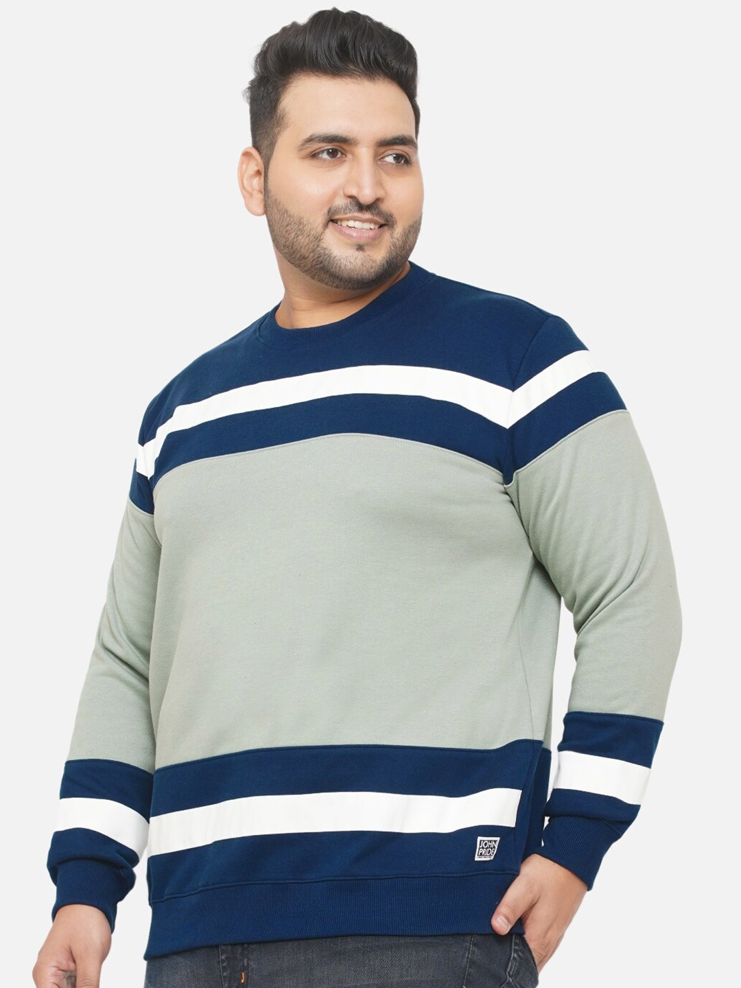 

John Pride Plus-Size Men Green Colourblocked Sweatshirt
