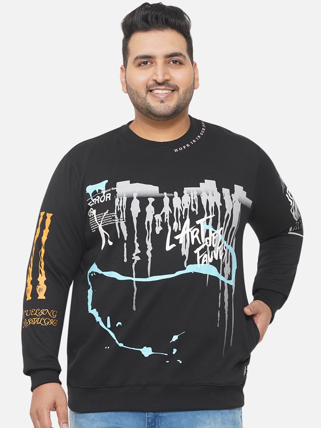 John Pride Plus-Size Men Black Printed Sweatshirt