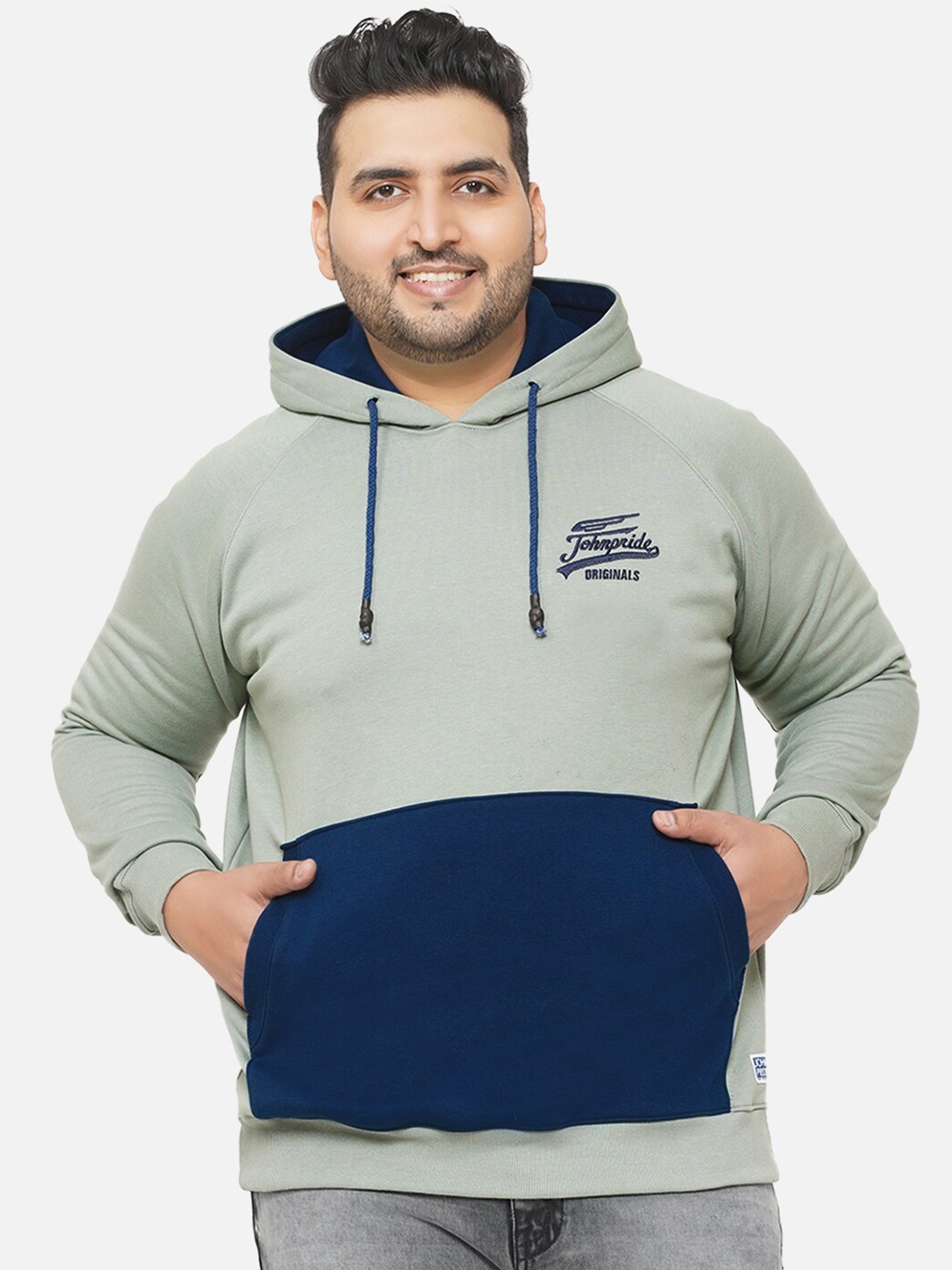

John Pride Men Plus Size Colourblocked Hooded Sweatshirt, Green