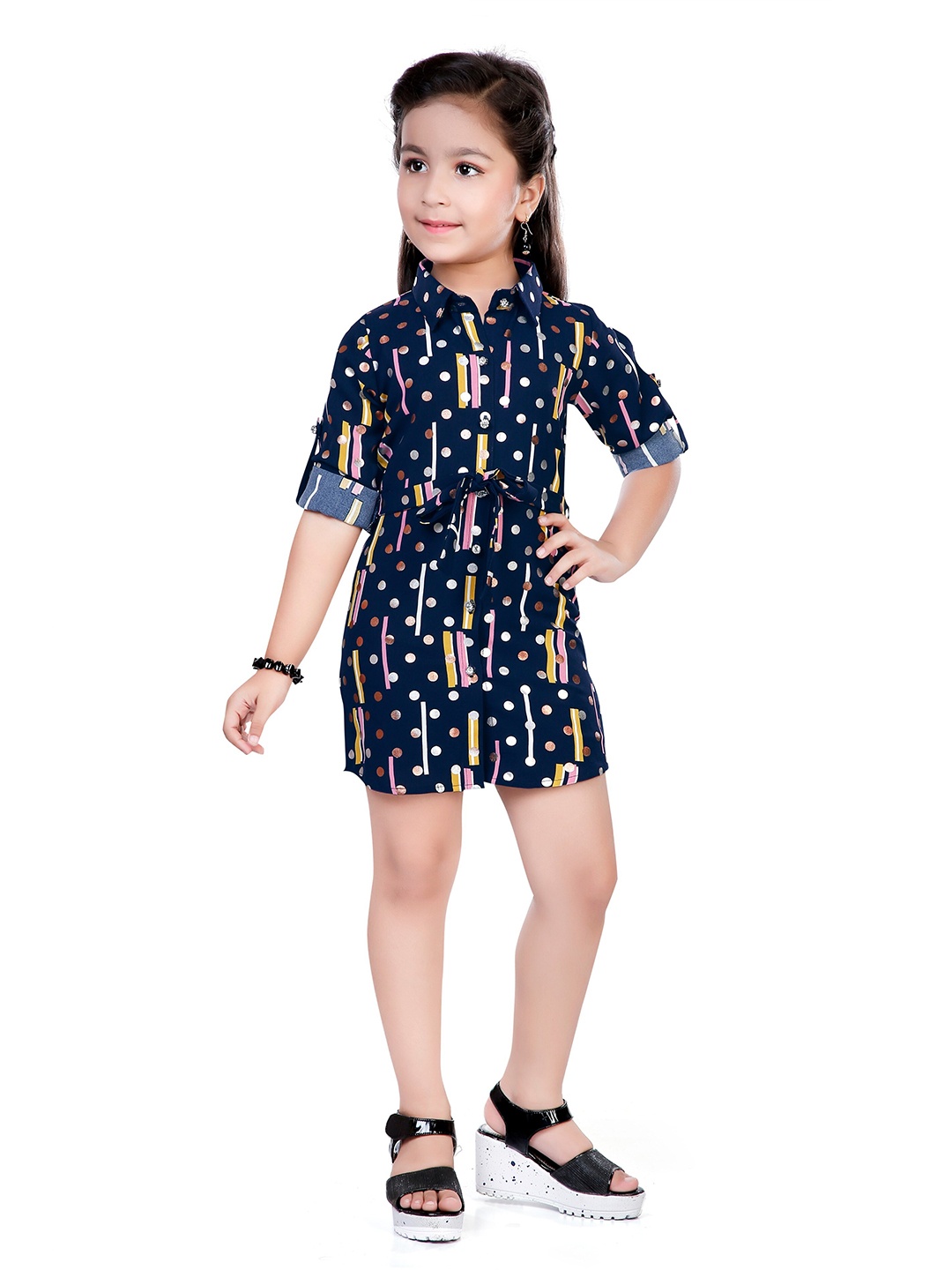 

Hunny Bunny Girls Navy Blue Printed Polyester Shirt Mini Dress With Bel