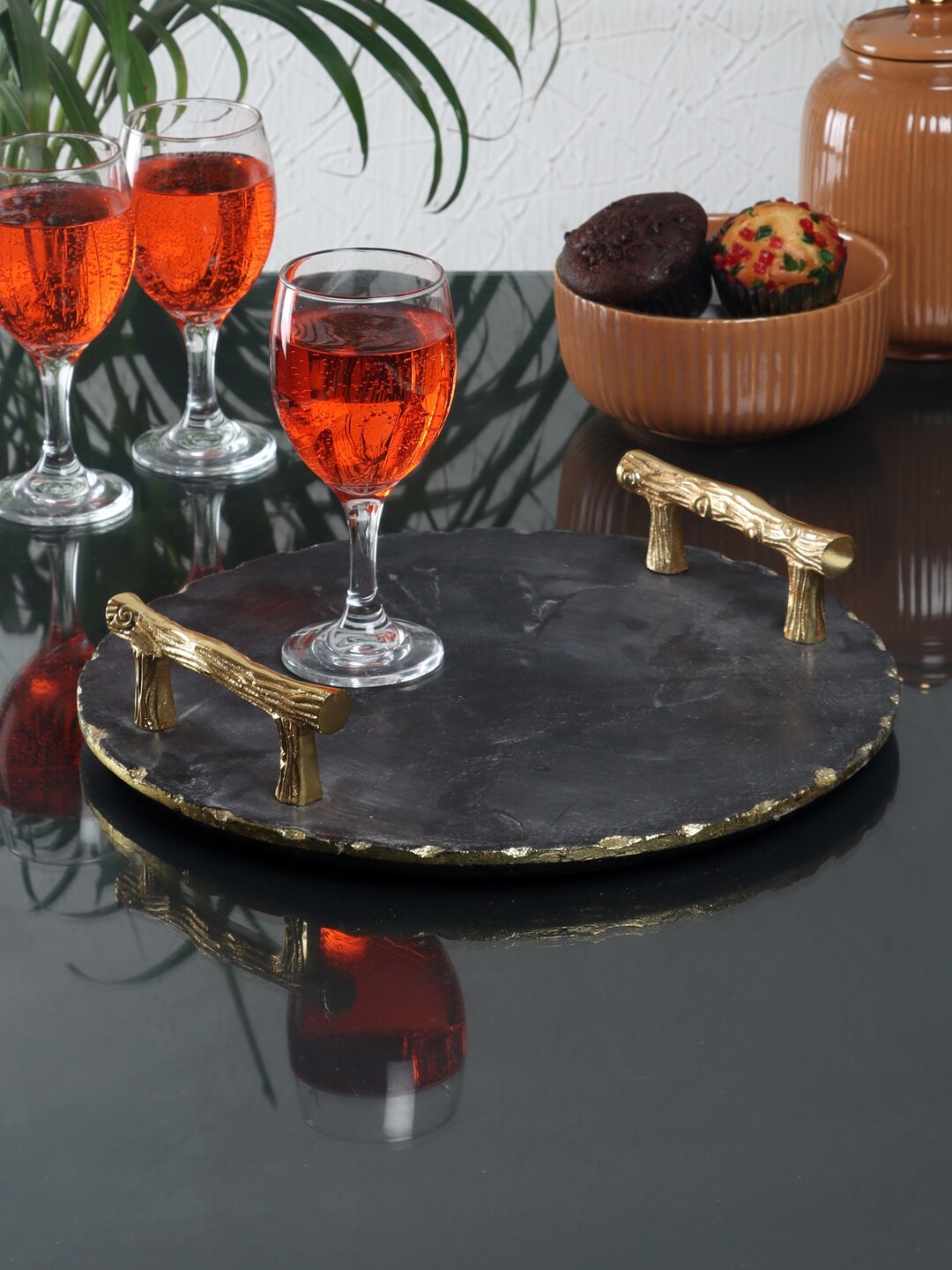 

NikkisPride Marble Serving Tray With Metal Handle, Black