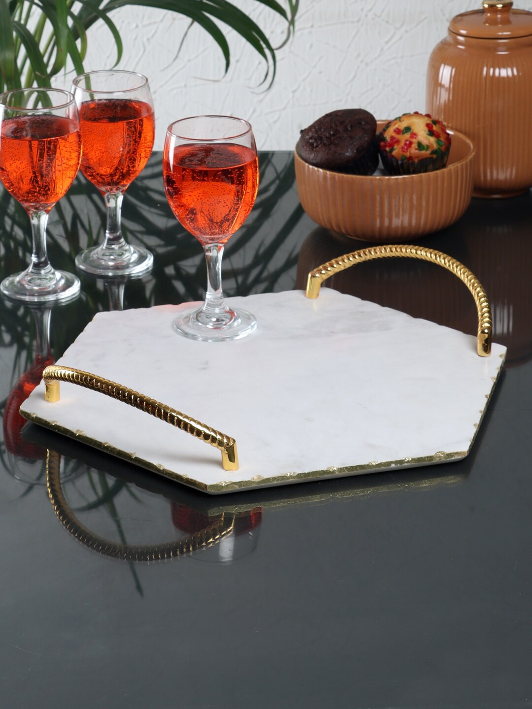 

NikkisPride Marble Serving Tray With Metal Handle, White