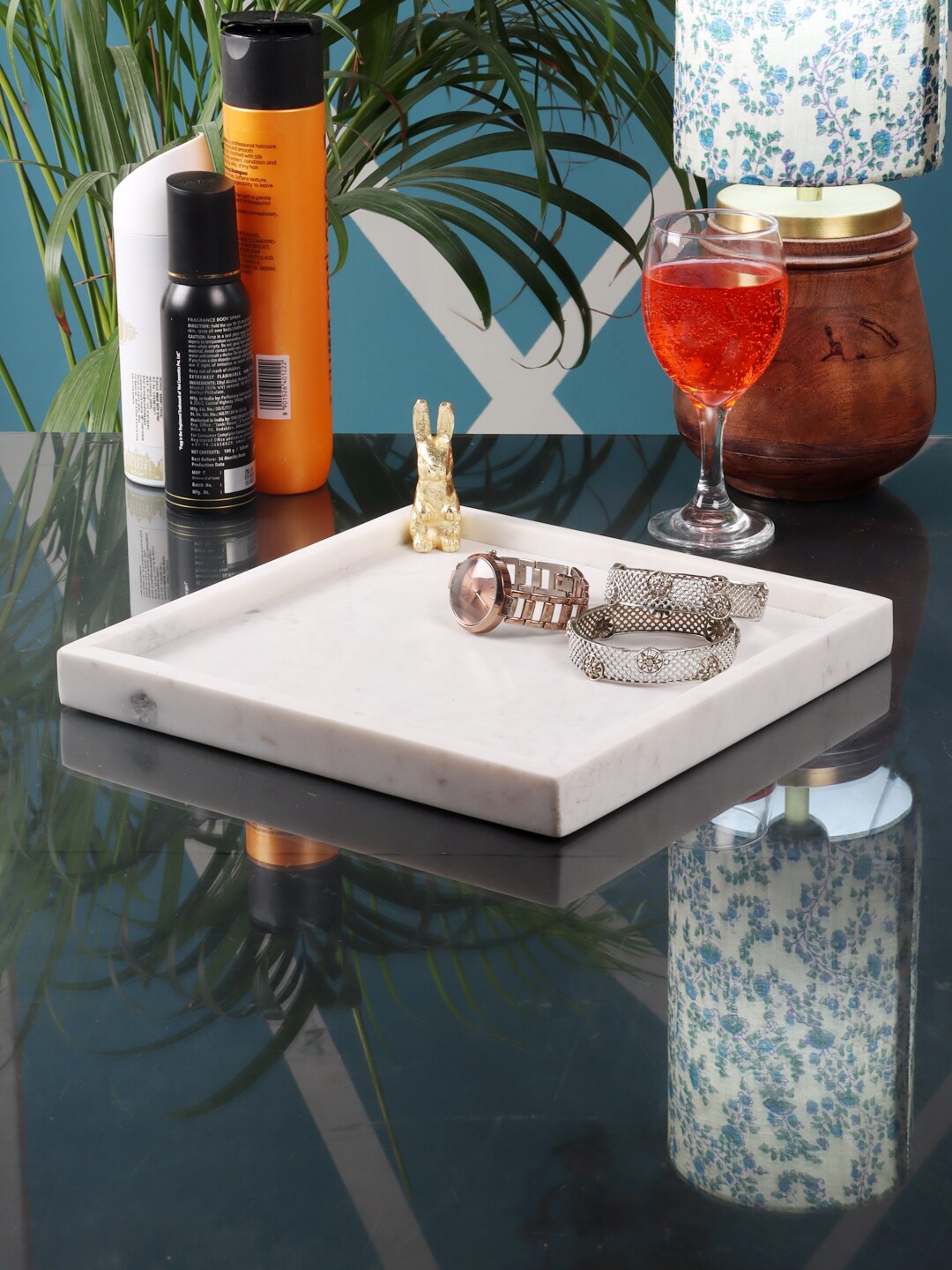 

NikkisPride Solid Marble Serving Tray With Metal Handle, White