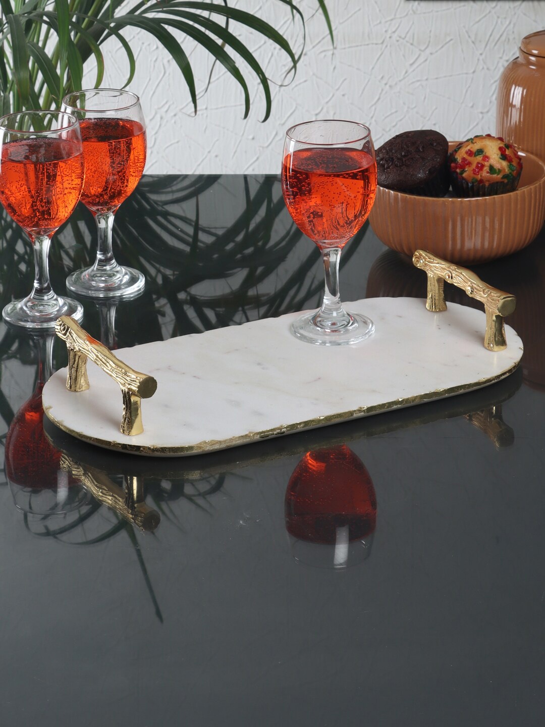 

NikkisPride Marble Serving Tray With Metal Handle, White