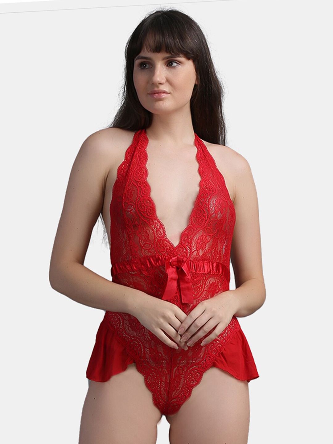 

N-Gal Red Halter Neck Asymmetric Hem Lace Detail Baby Doll