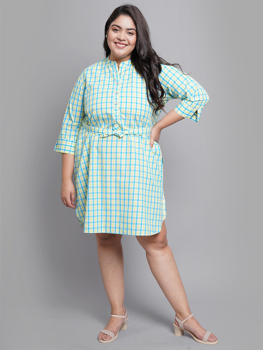 

PrettyPlus by Desinoor com Women Plus Size Blue & Yellow Checked A-Line Dress