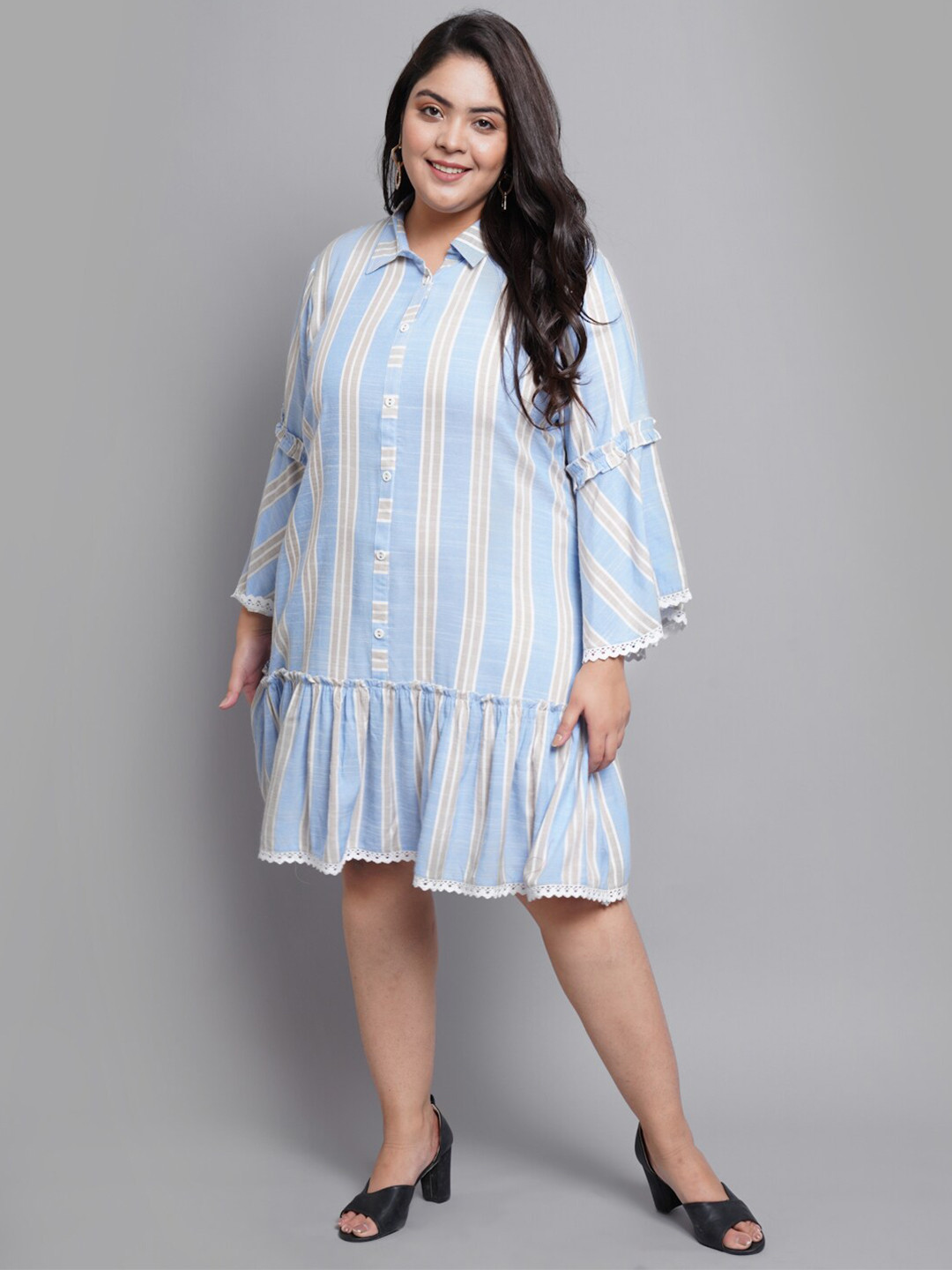 

PrettyPlus by Desinoor com Women Plus Size St Blue & Yellow Striped A-Line Dress