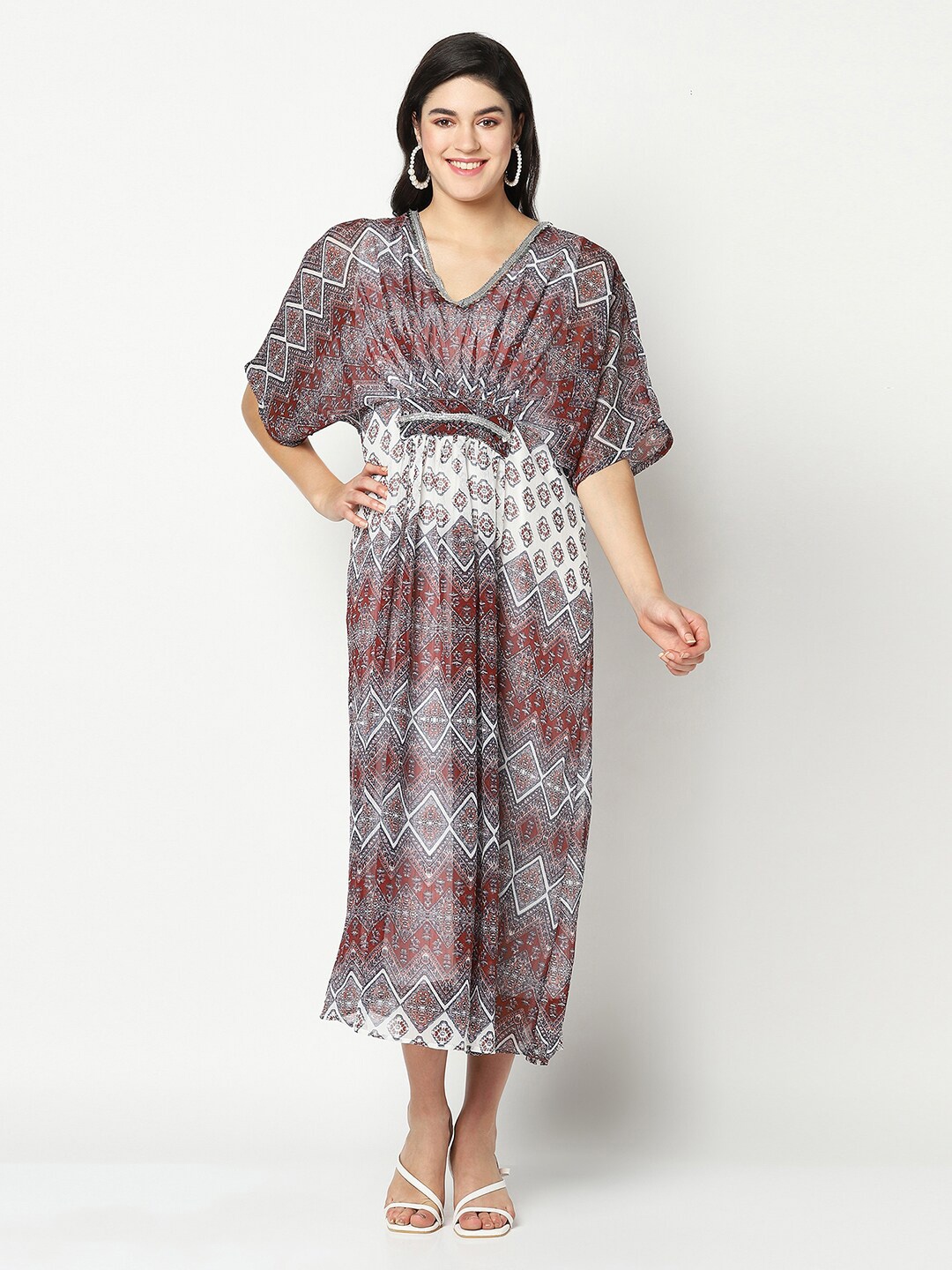 

SQew Women White & Brown Printed Polyester Kaftan Dress