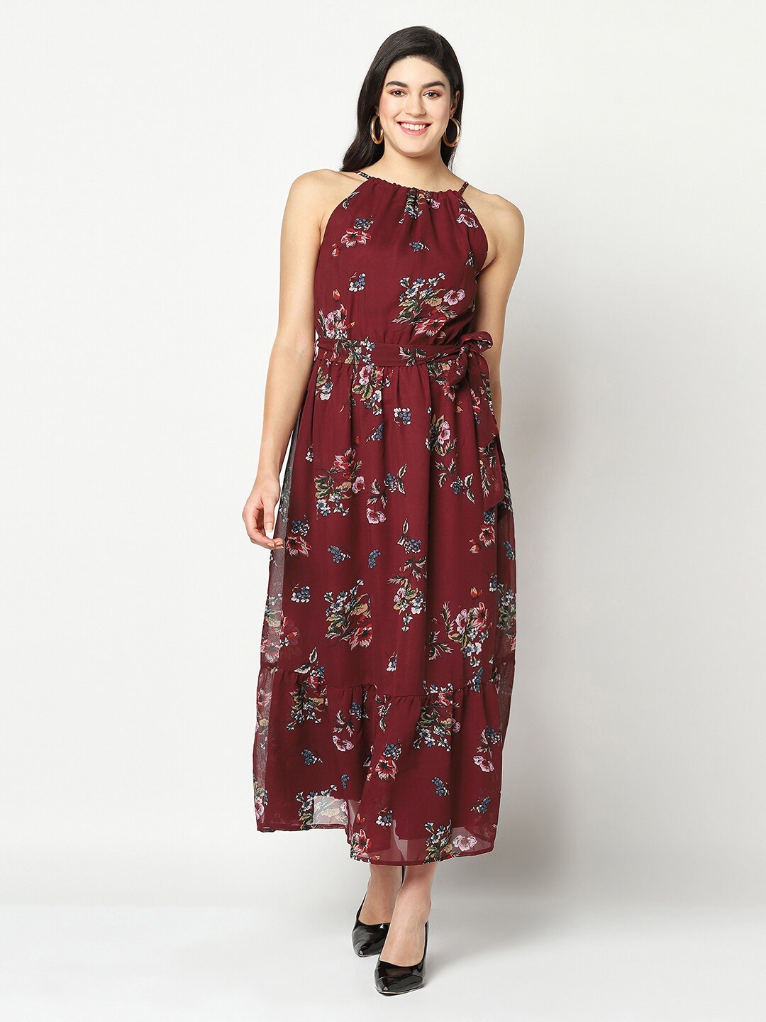 

SQew Women Maroon Floral Printed Georgette Maxi Dress