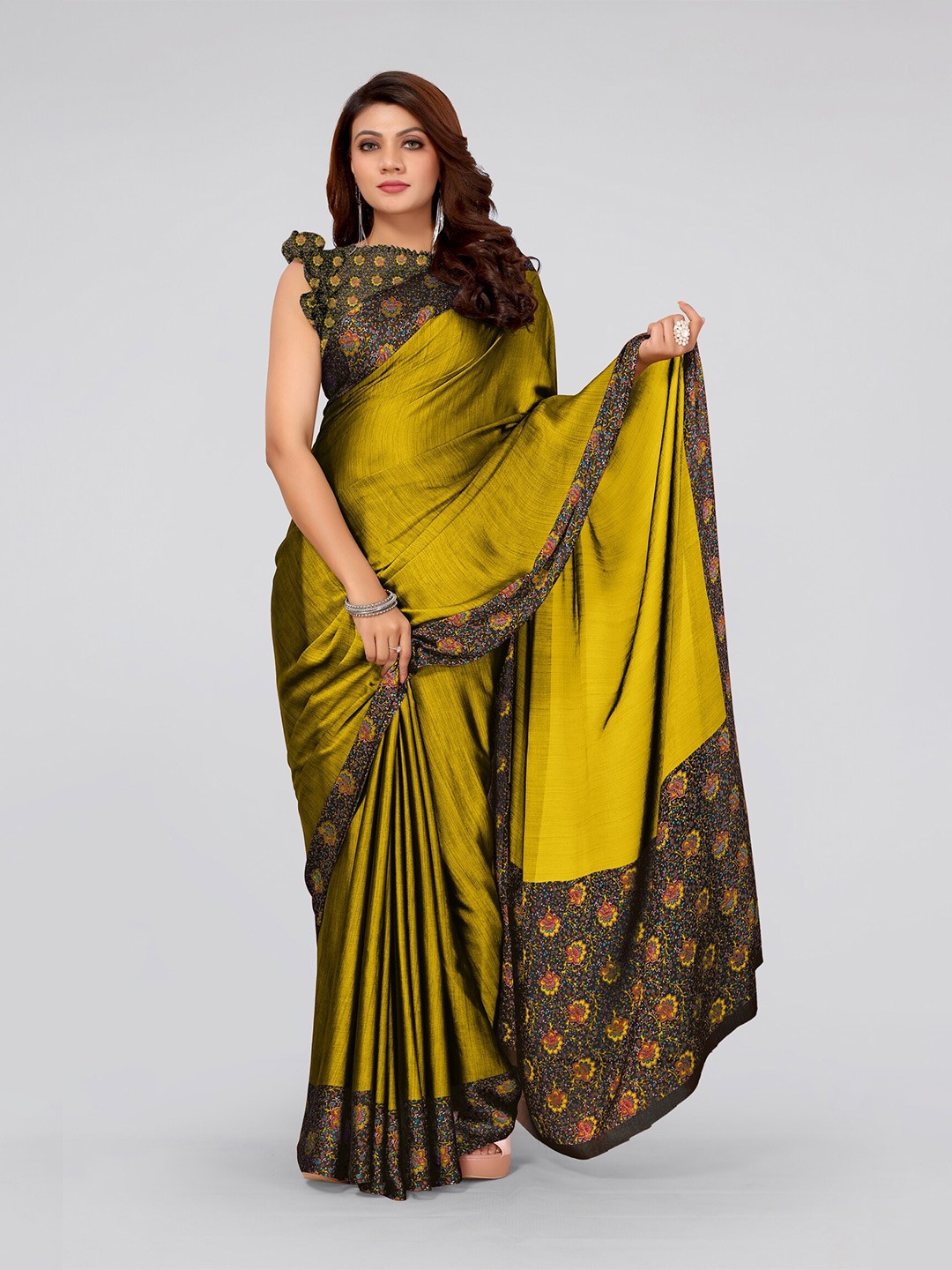 

MIRCHI FASHION Mustard & Brown Poly Chiffon Saree