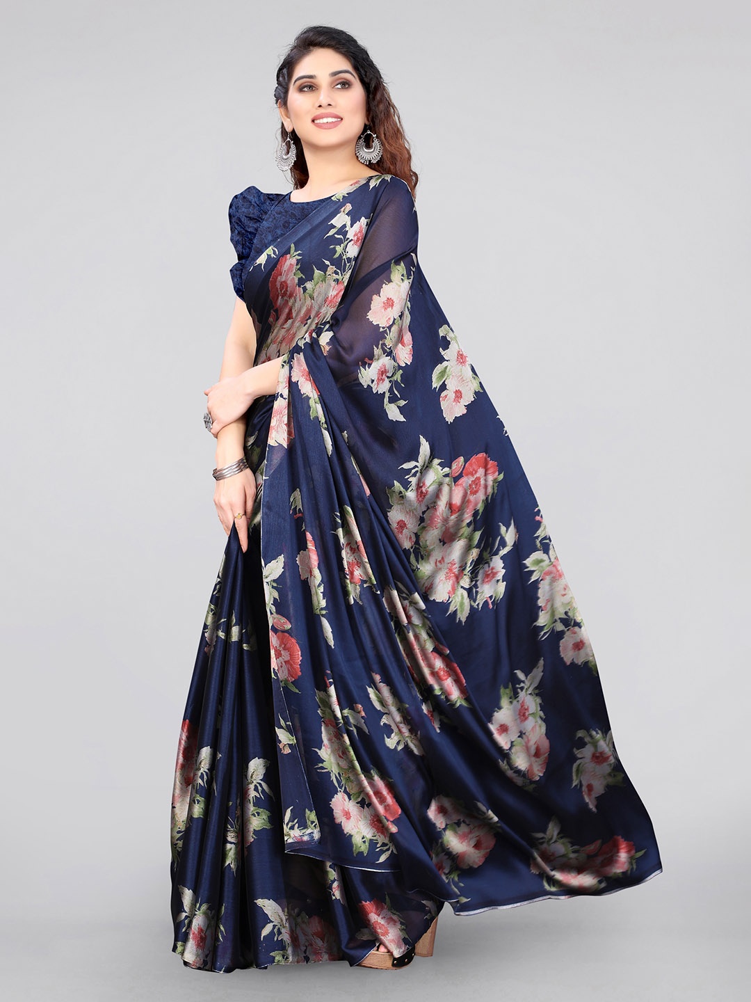 

MIRCHI FASHION Navy Blue & Pink Floral Printed Saree