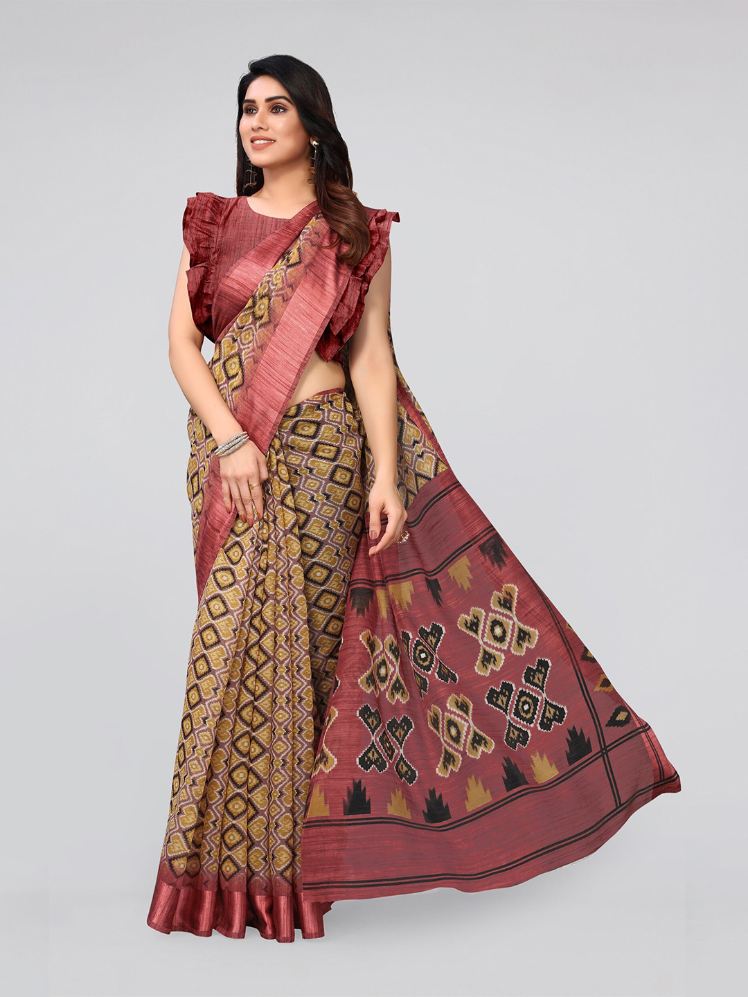 

MIRCHI FASHION Pink & Mustard Printed Cotton Blend Saree