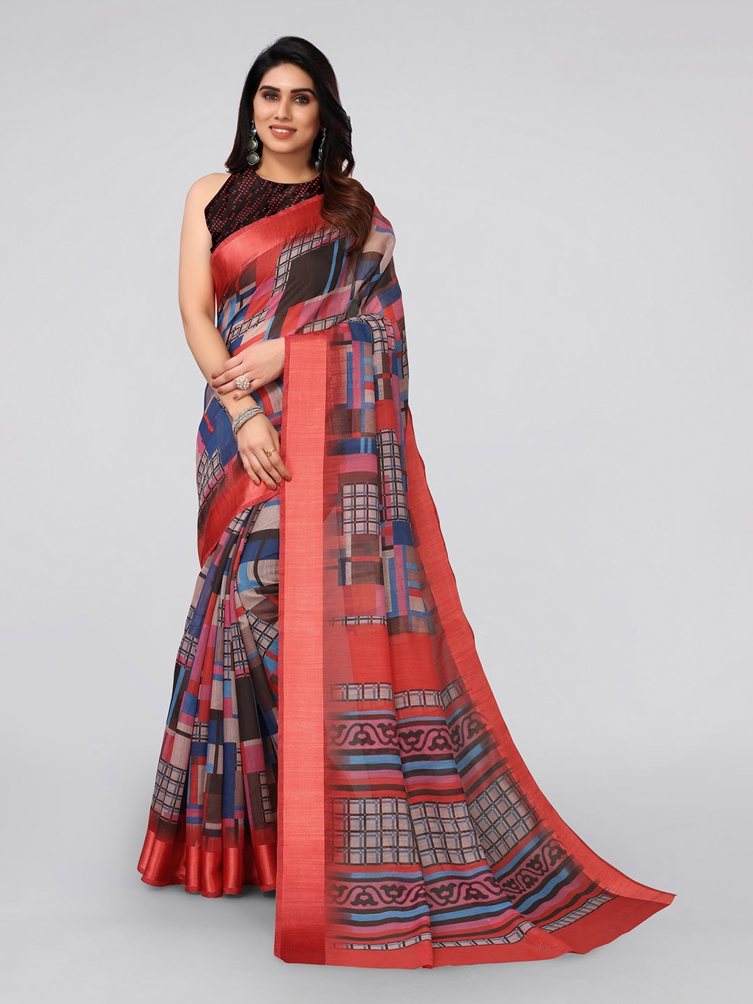 

MIRCHI FASHION Red & Blue Printed Cotton Blend Saree